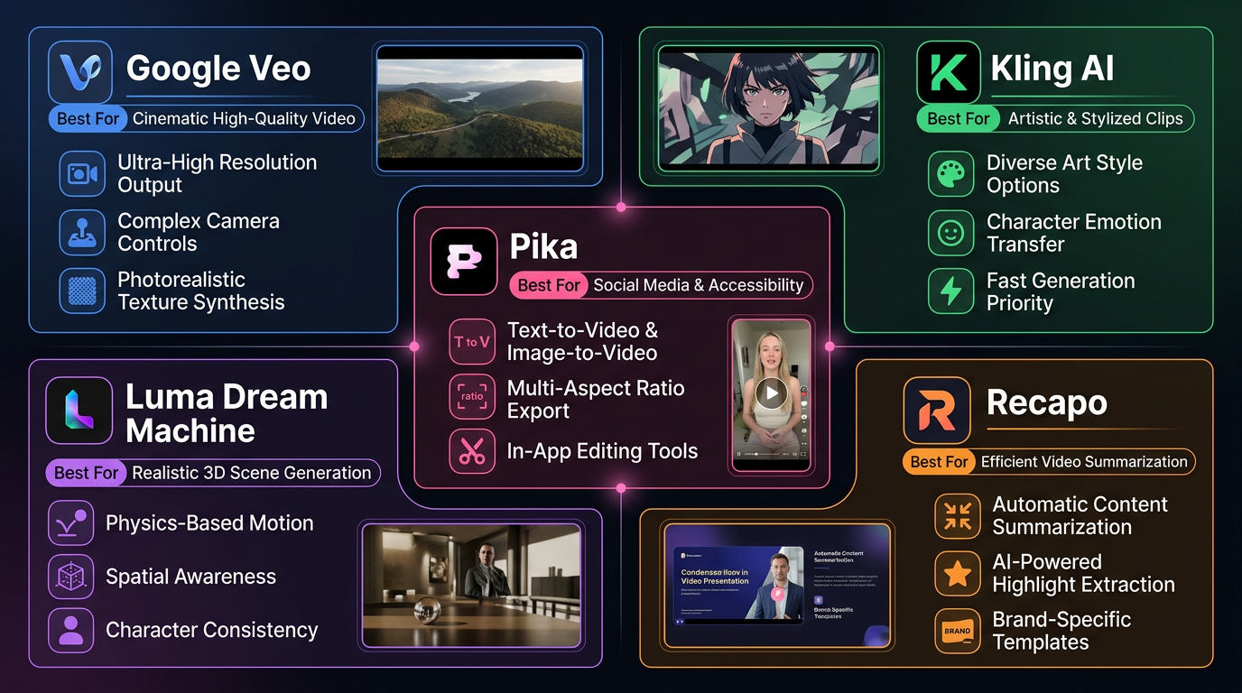 Comparison board showing five free AI video generators and their strengths.