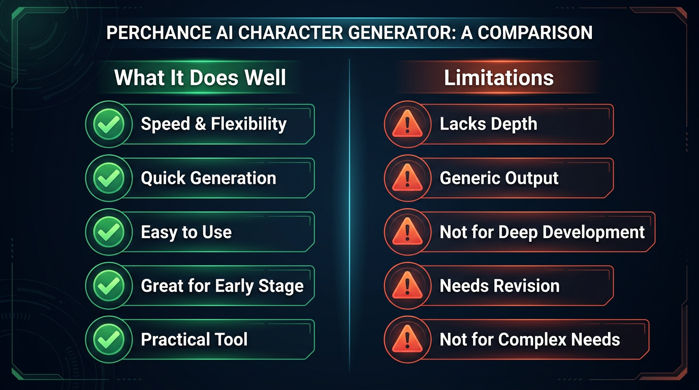 Pros and cons comparison for Perchance AI Character Generator.