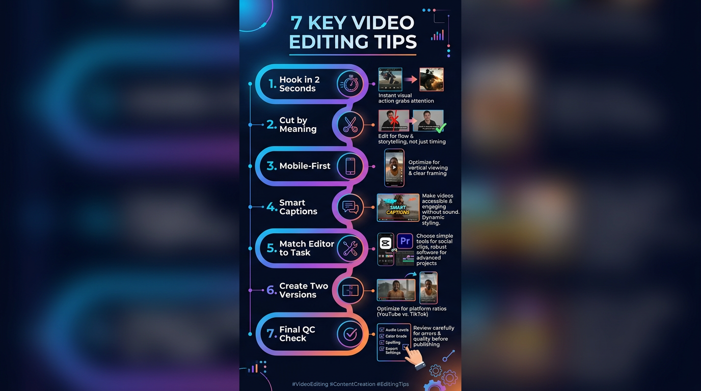 Seven core editing tips for short-form videos laid out as a visual reference.