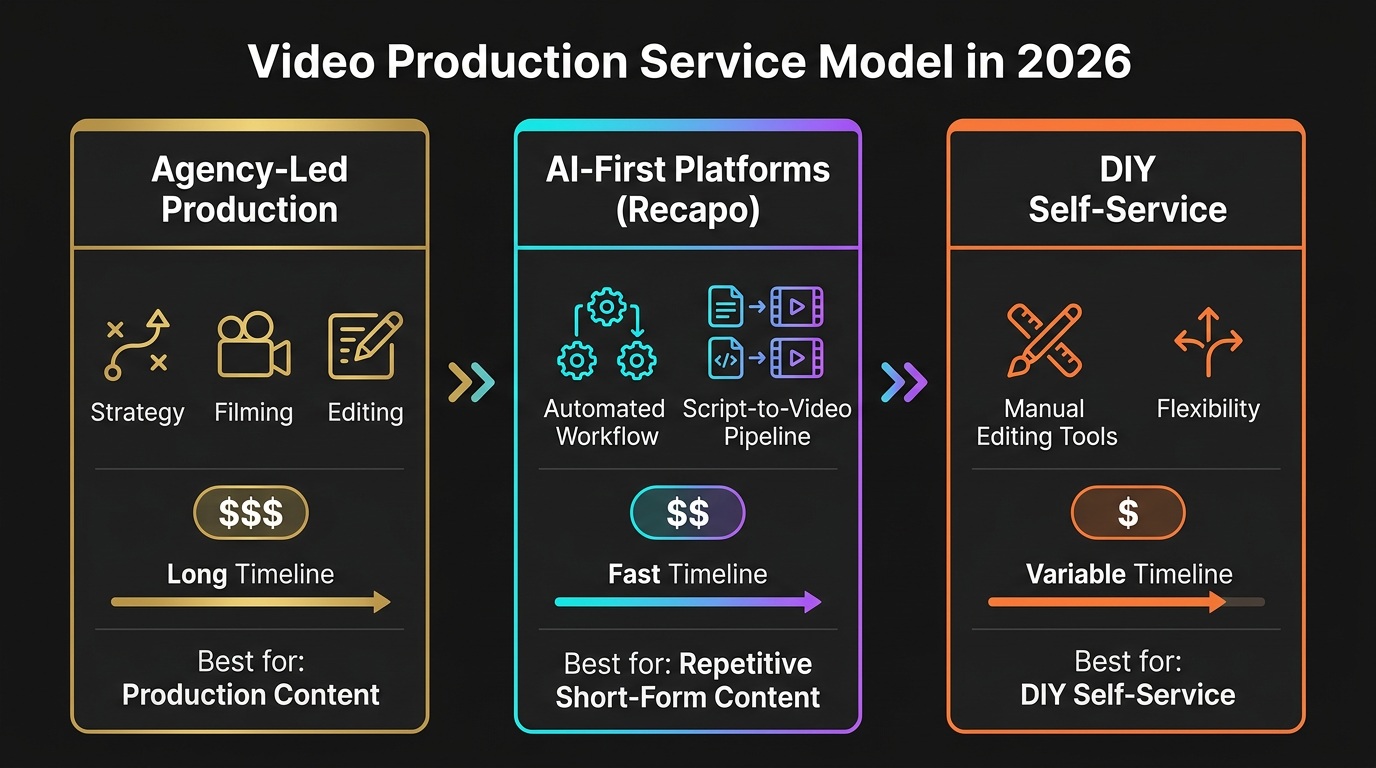 Visual comparison of agency-led, AI-first, and self-serve video production service models.