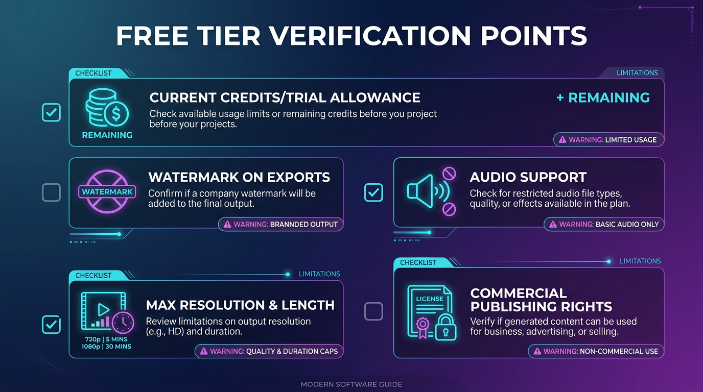 Checklist for validating free-tier limits before choosing an AI video generator.