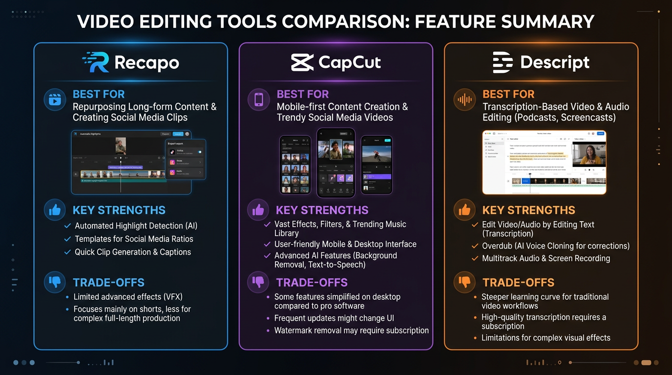 Tool comparison for short-video editing workflows, including recap-first and manual editing options.