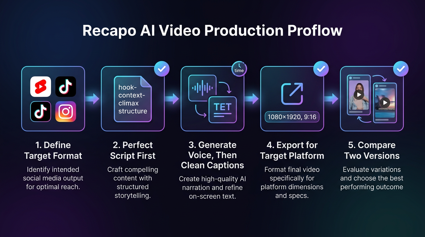 Five-step Recapo workflow for faster AI video production.