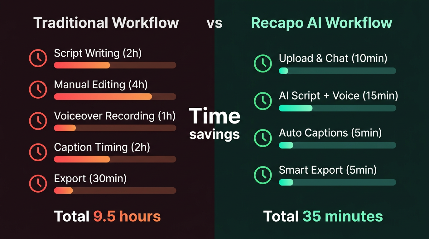 Step-by-step AI video production workflow - Time comparison for a faster recap-first production workflow