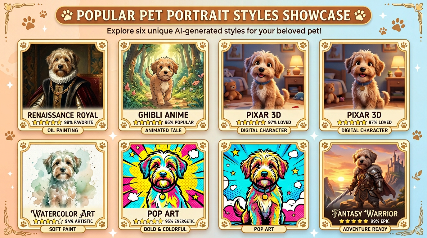How to choose by outcome - Popular AI pet portrait styles at a glance