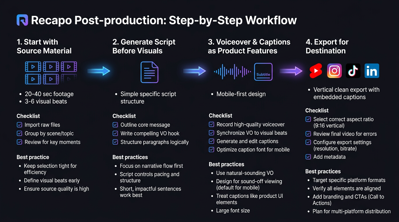 A practical Recapo workflow - A four-step Recapo workflow for packaging short-form videos