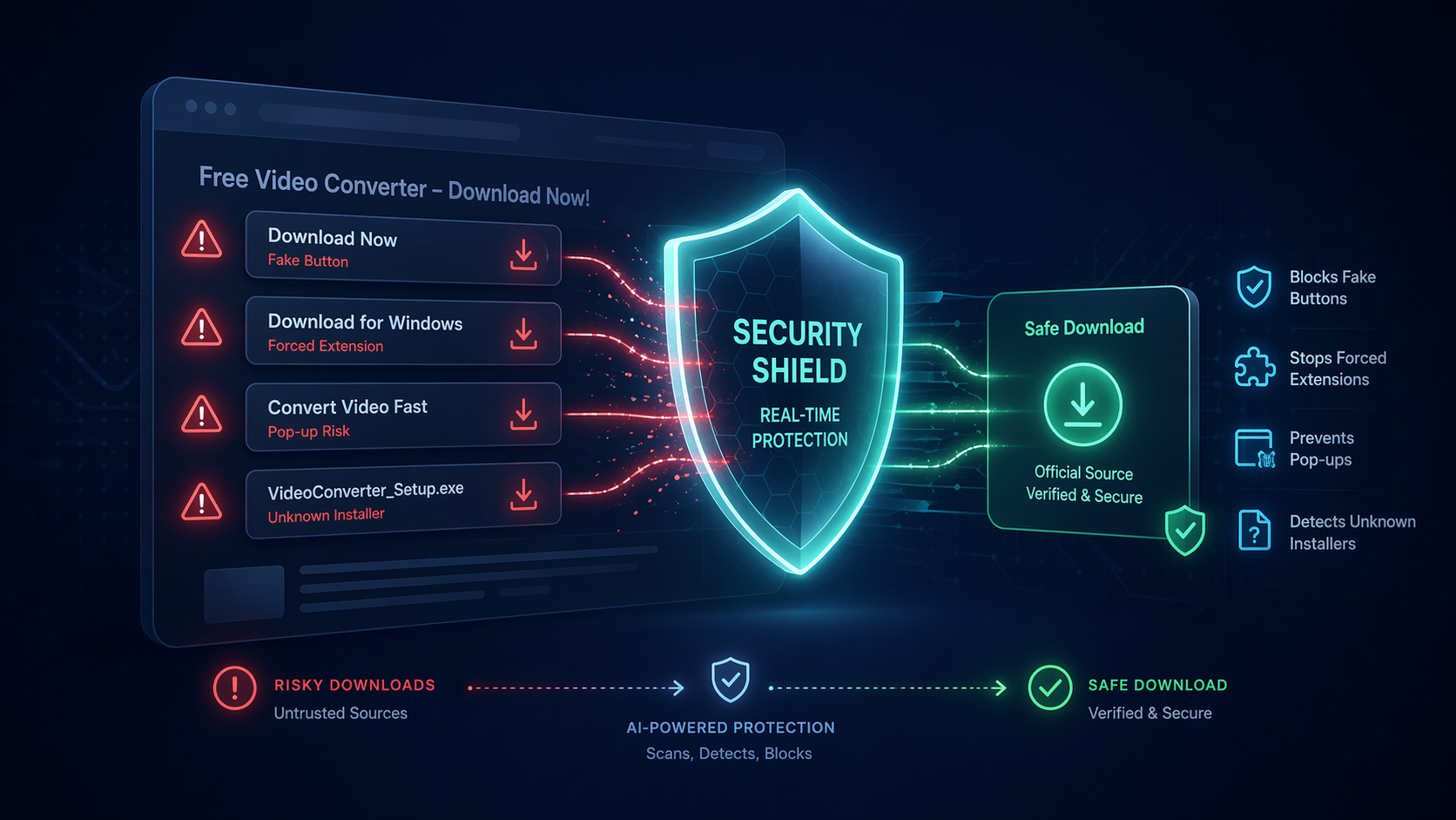 Security filter blocking risky video converter download buttons and browser extension prompts.