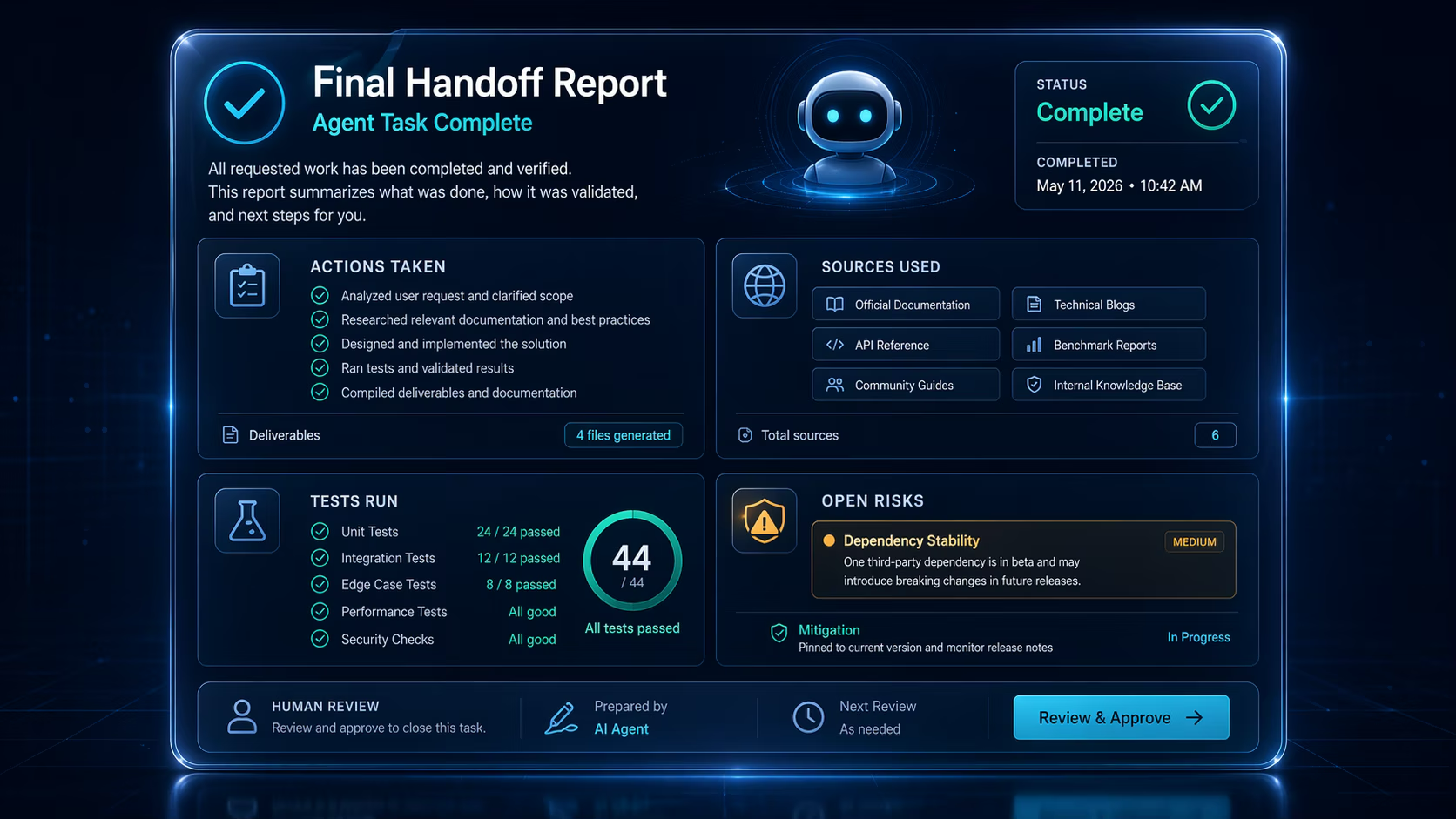 AI agent final handoff report card with actions sources tests and open risks