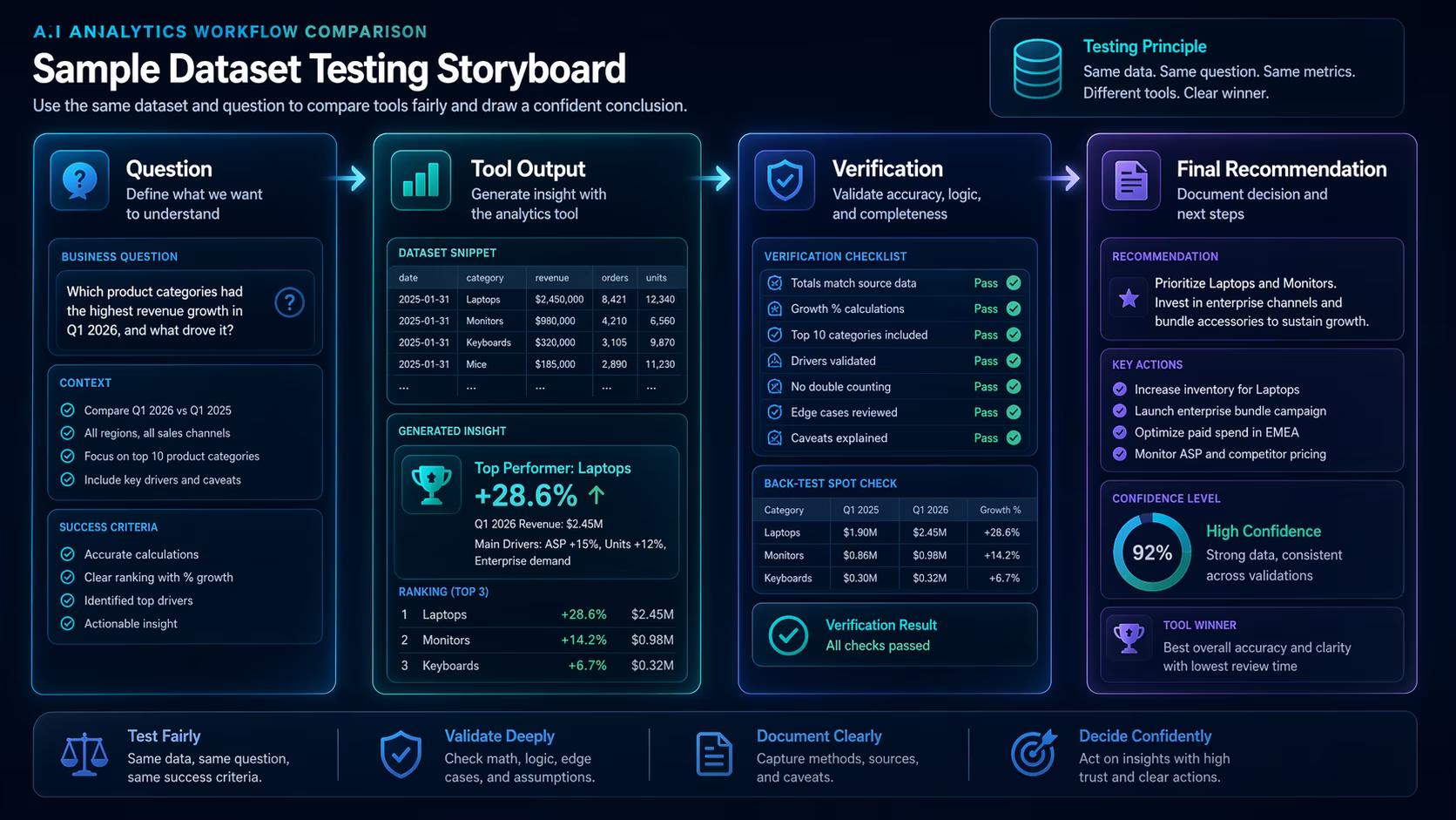 Dataset testing storyboard showing question tool output verification and final recommendation