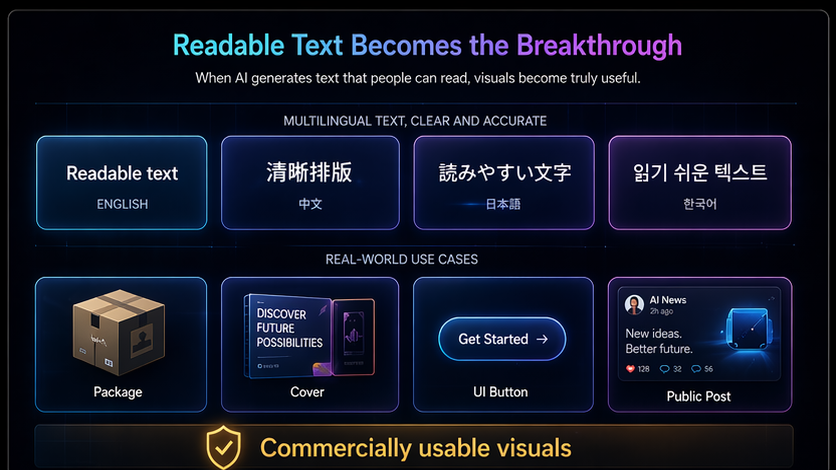 Readable text breakthrough graphic showing multilingual text cards and commercial use cases