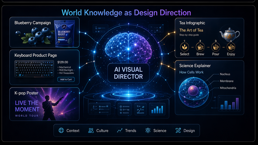 World knowledge as design direction graphic with an AI visual director connecting campaign and product formats