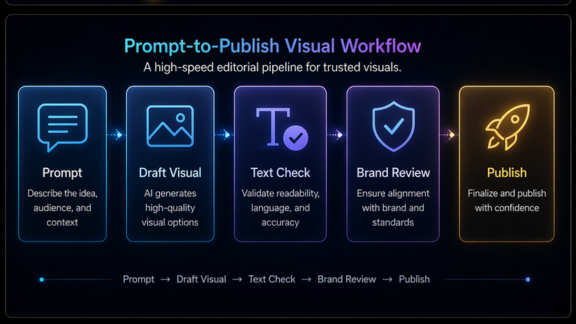 Prompt to publish visual workflow showing prompt draft visual text check brand review and publish steps