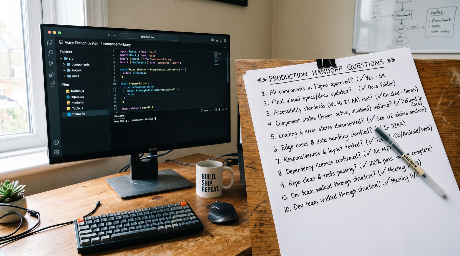 Production handoff questions beside code editor for AI app builder evaluation