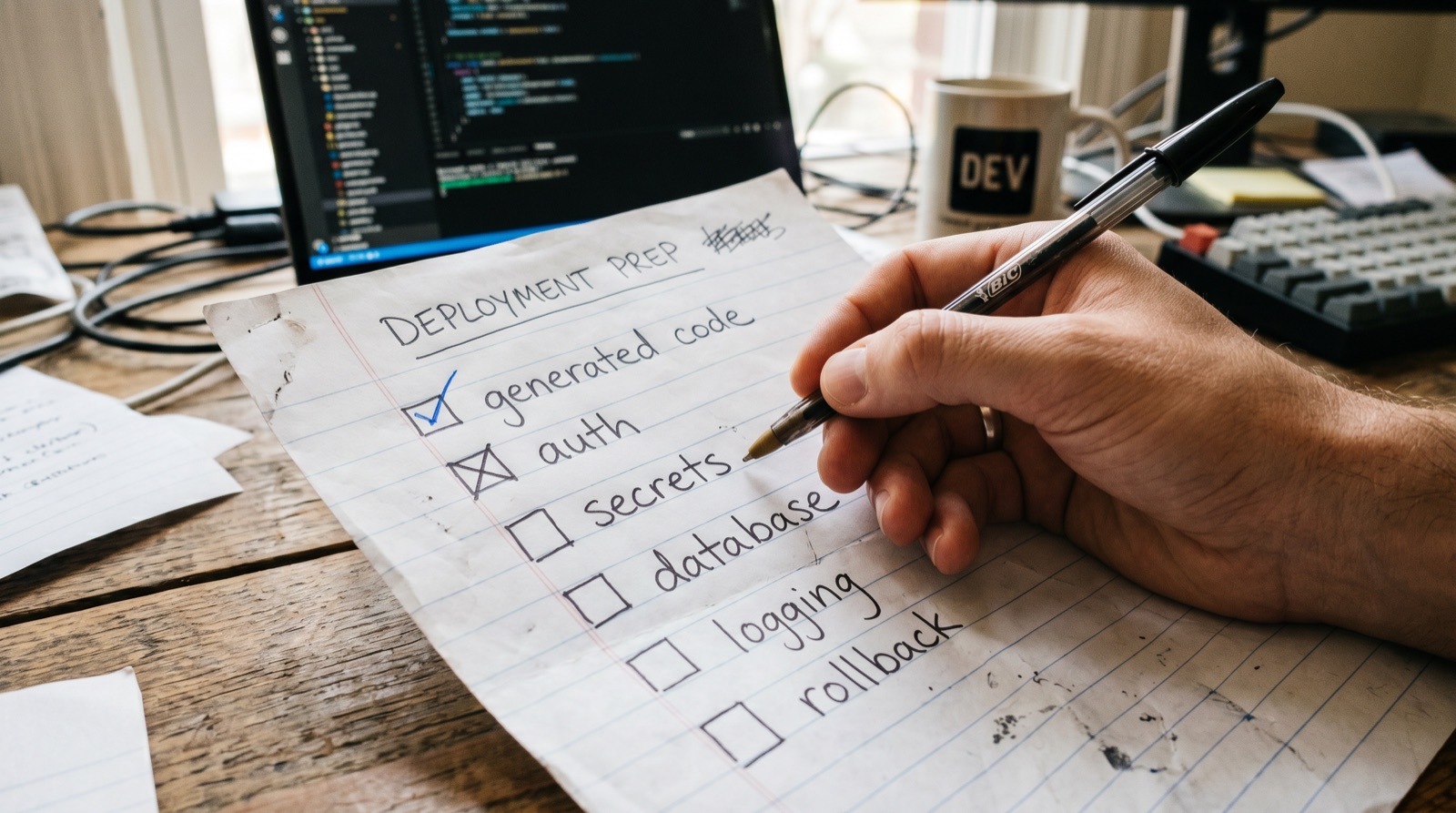 Developer checking deployment prep list with generated code auth secrets database logging and rollback