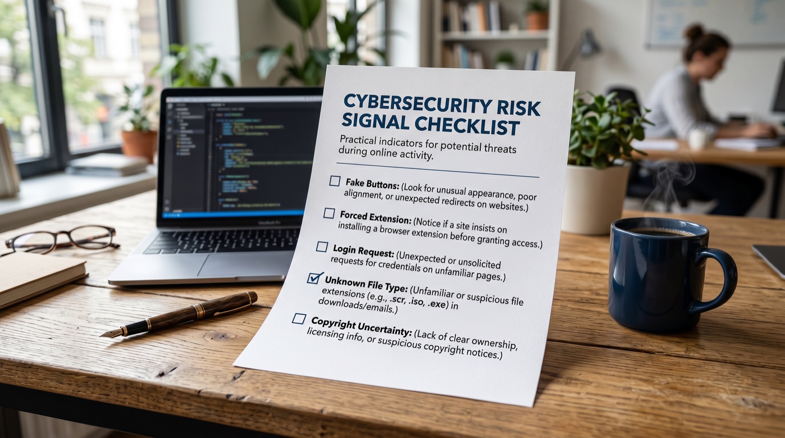 Cybersecurity risk signal checklist for fake buttons forced extensions login requests and unknown files