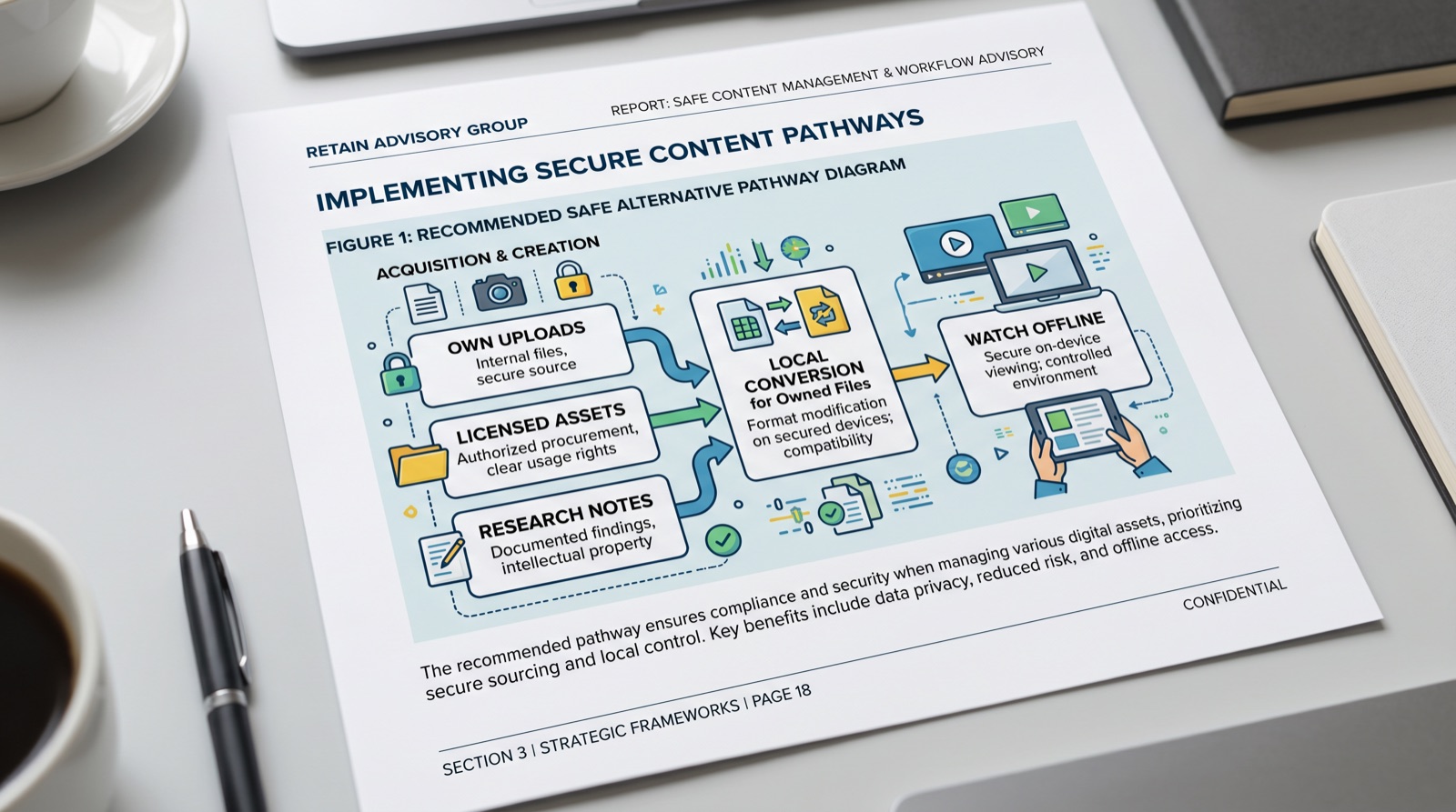 Safe content pathway diagram for own uploads licensed assets research notes and offline viewing