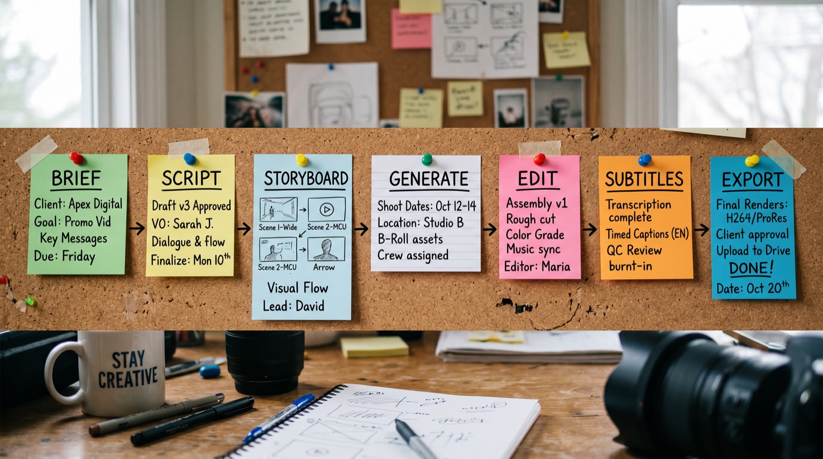 Video production workflow cards from brief script storyboard generate edit subtitles and export