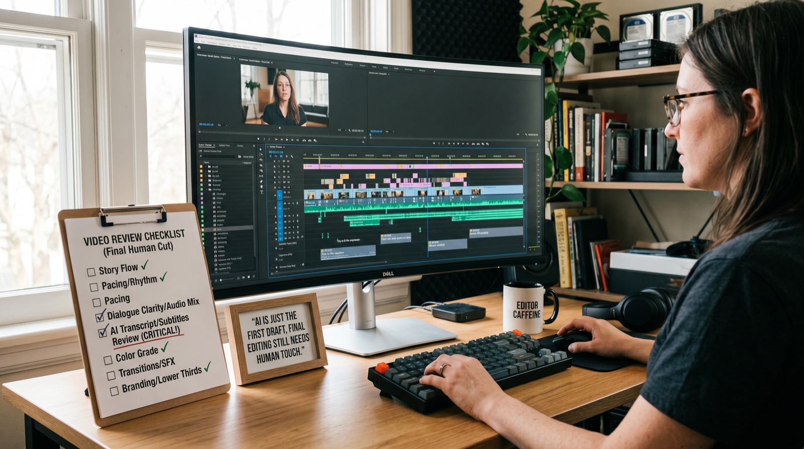 Human editor reviewing AI-generated video timeline with final cut checklist