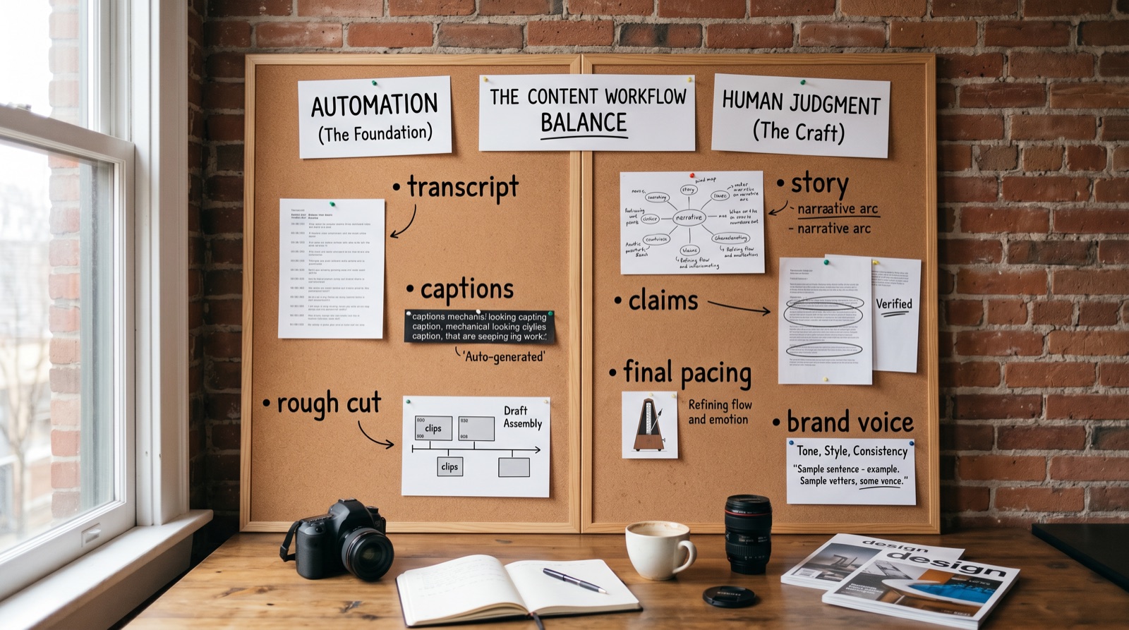 Content workflow balance board separating automation from human judgment in AI video editing