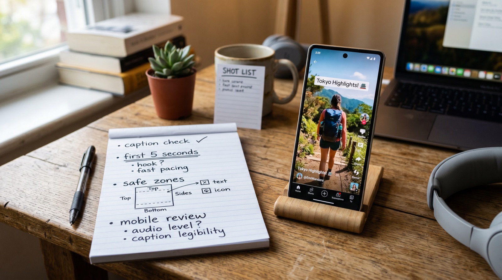 Mobile video review checklist with caption check first five seconds safe zones and audio level