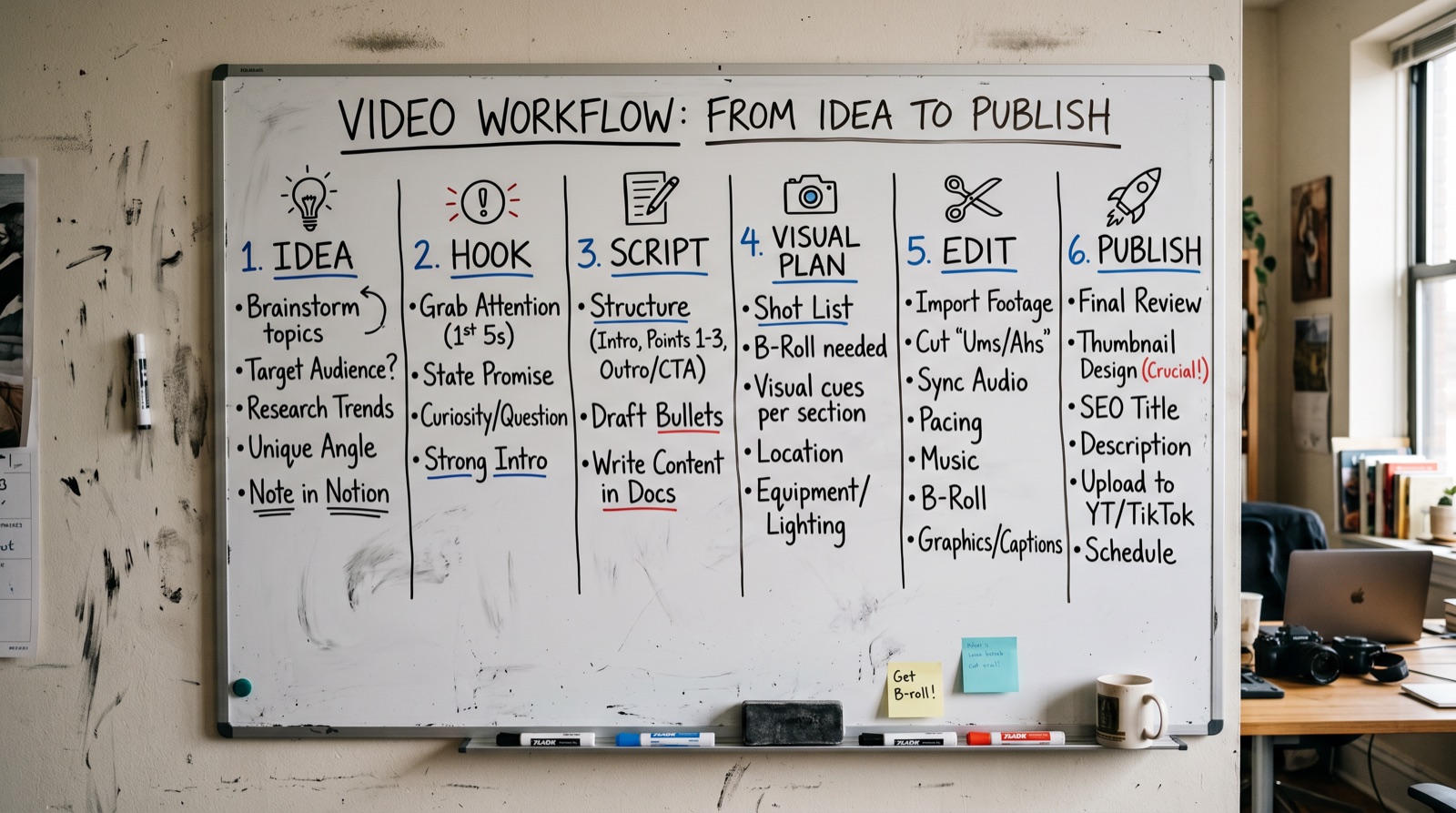 Whiteboard showing short video workflow from idea to hook script visual plan edit and publish