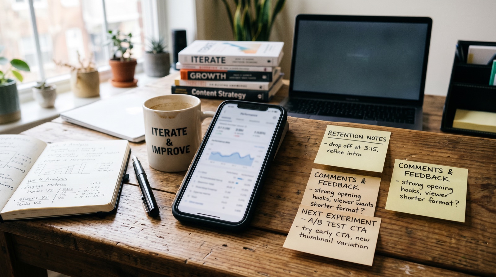 Short video analytics desk with retention notes comments feedback and next experiment sticky notes