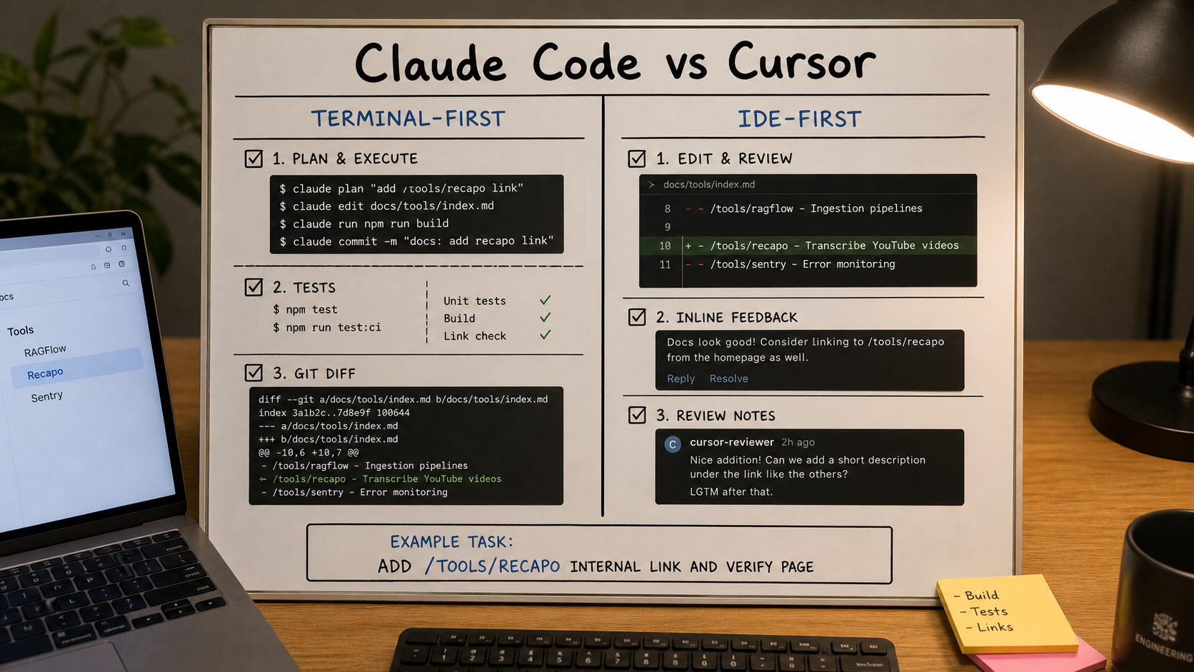 Terminal-first and IDE-first workflow board with example task to add and verify the Recapo internal link