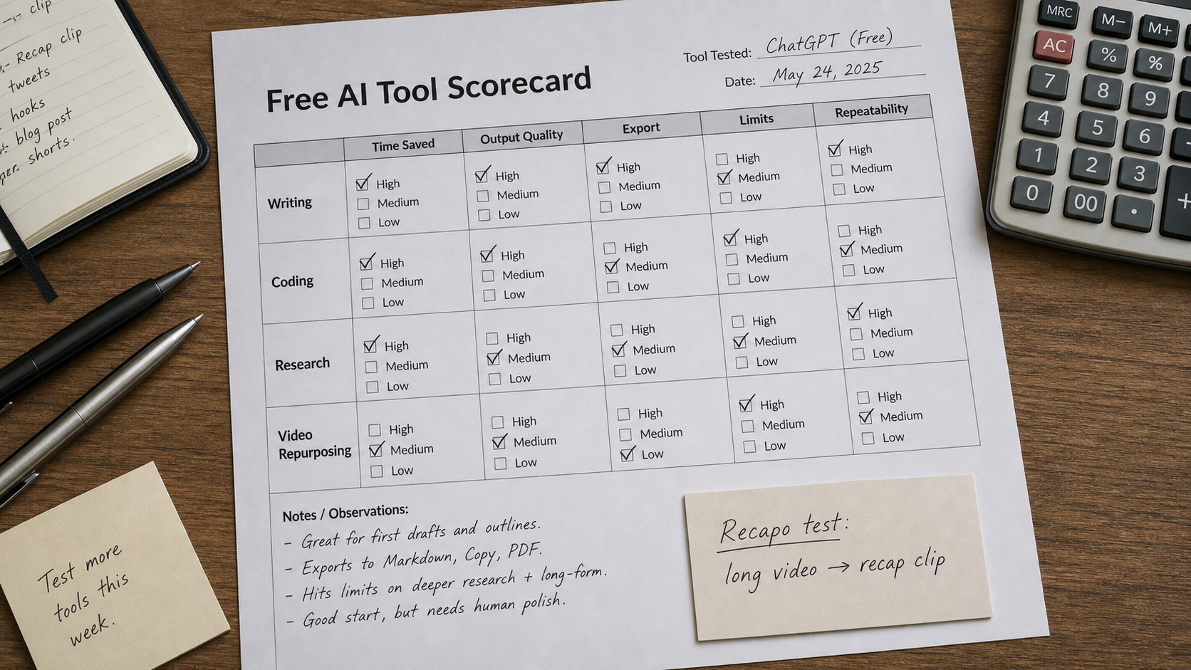 Free AI tool scorecard with time saved, output quality, export, limits, repeatability, and Recapo test row