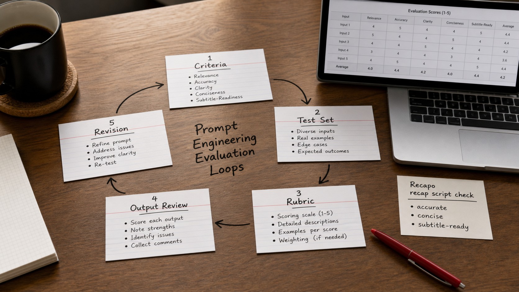 Prompt evaluation loop with criteria, test set, rubric, output review, revision, and Recapo recap script check