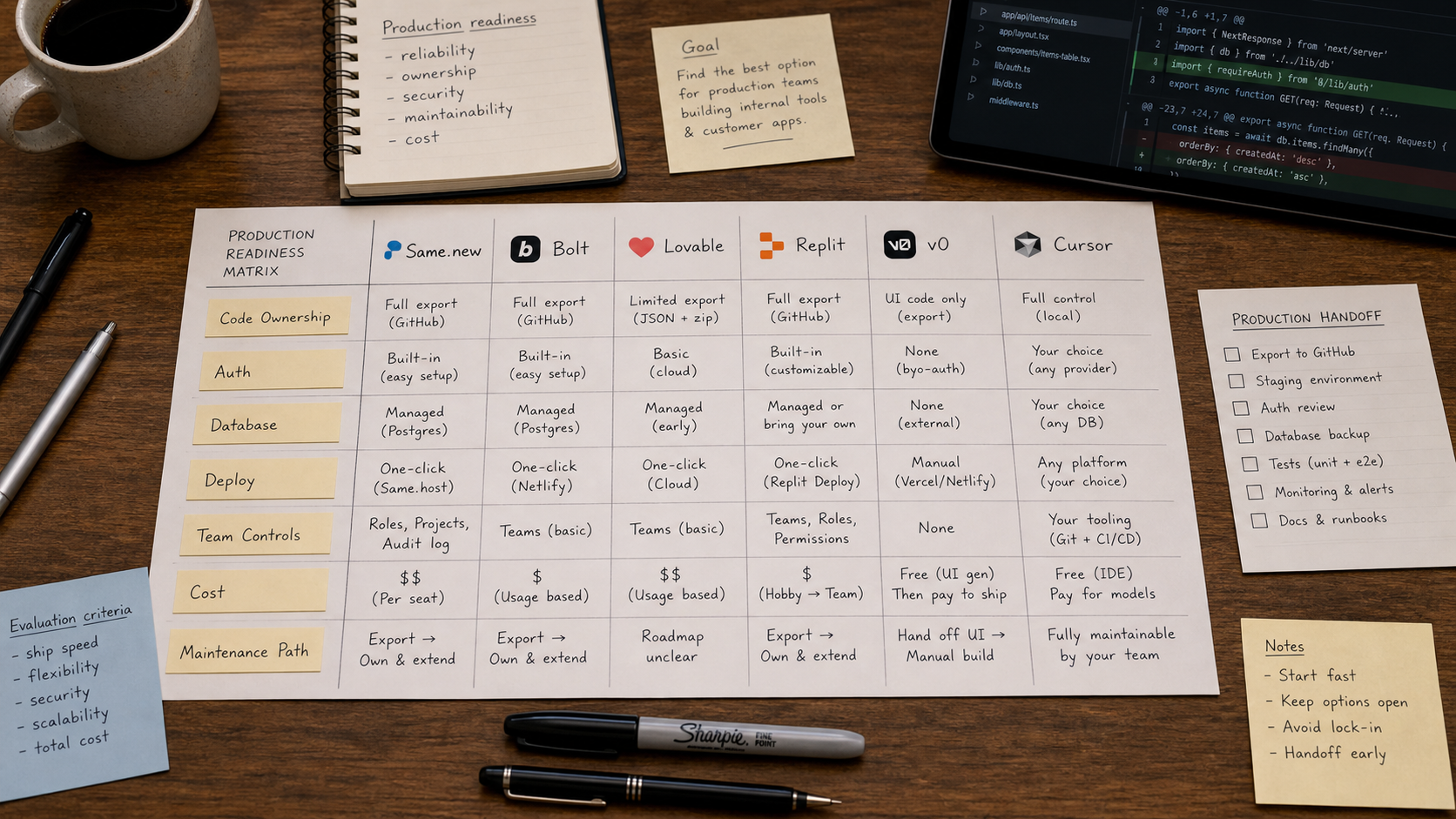 Production readiness decision matrix comparing Same.new, Bolt, Lovable, Replit, v0, and Cursor