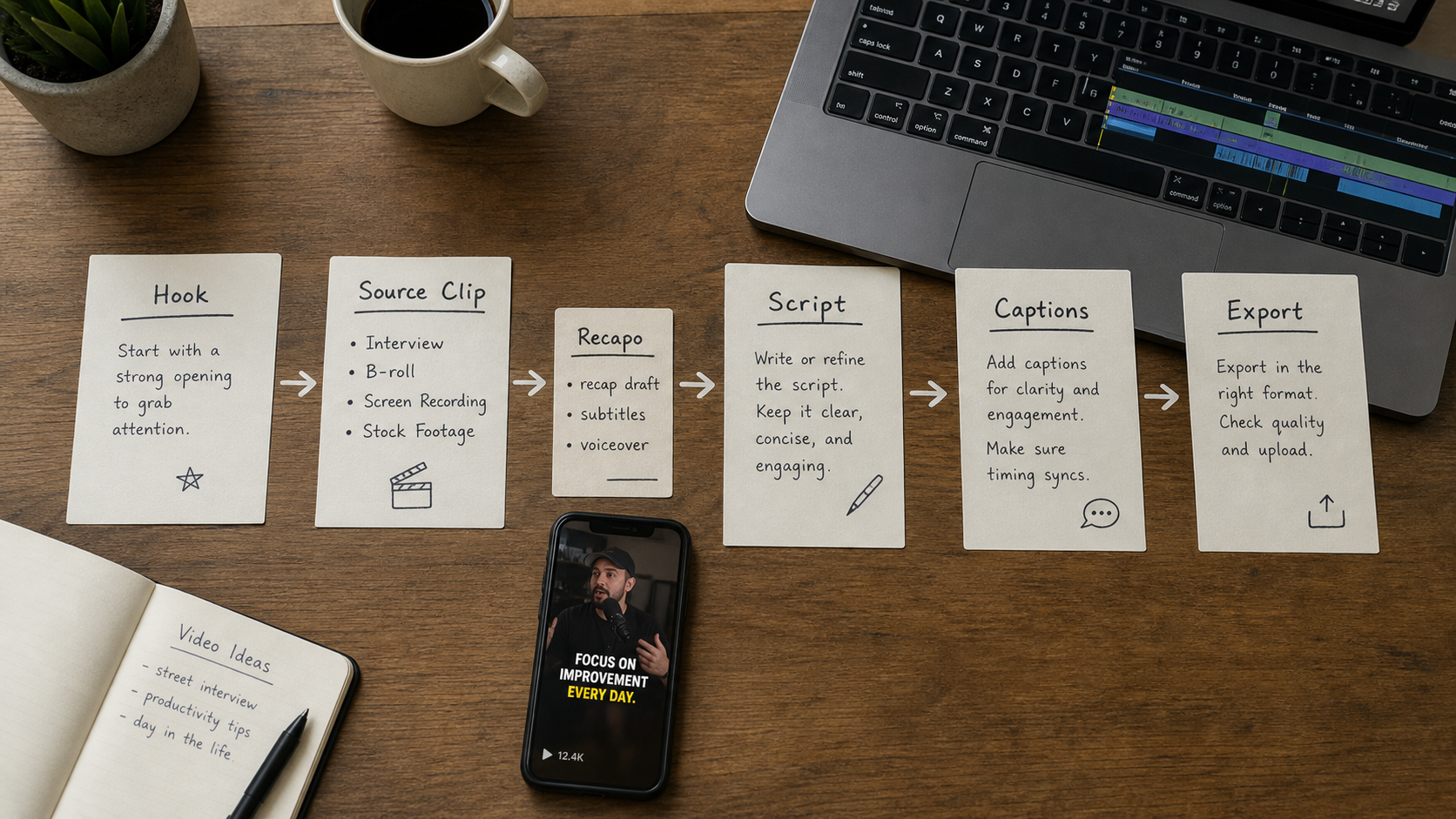Short video workflow cards from hook to source clip, script, captions, export, and Recapo