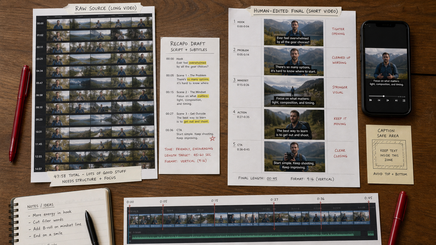 Before and after AI-assisted video editing workflow from raw source to Recapo draft and human-edited final short