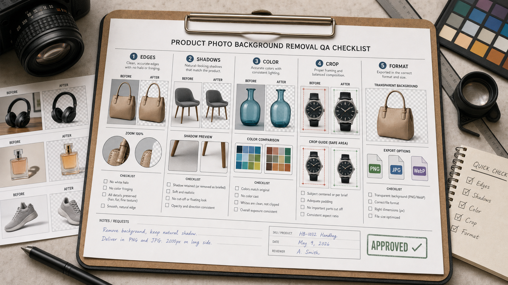 Product image QA sheet with checks for edges, shadows, color, crop, and export format