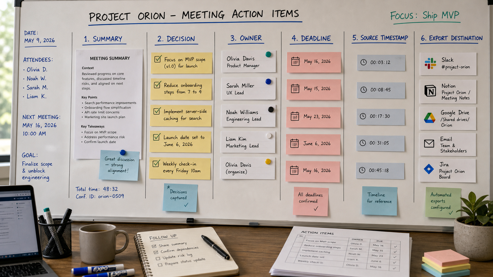 Action item review board with summary, decision, owner, deadline, source timestamp, and export destination