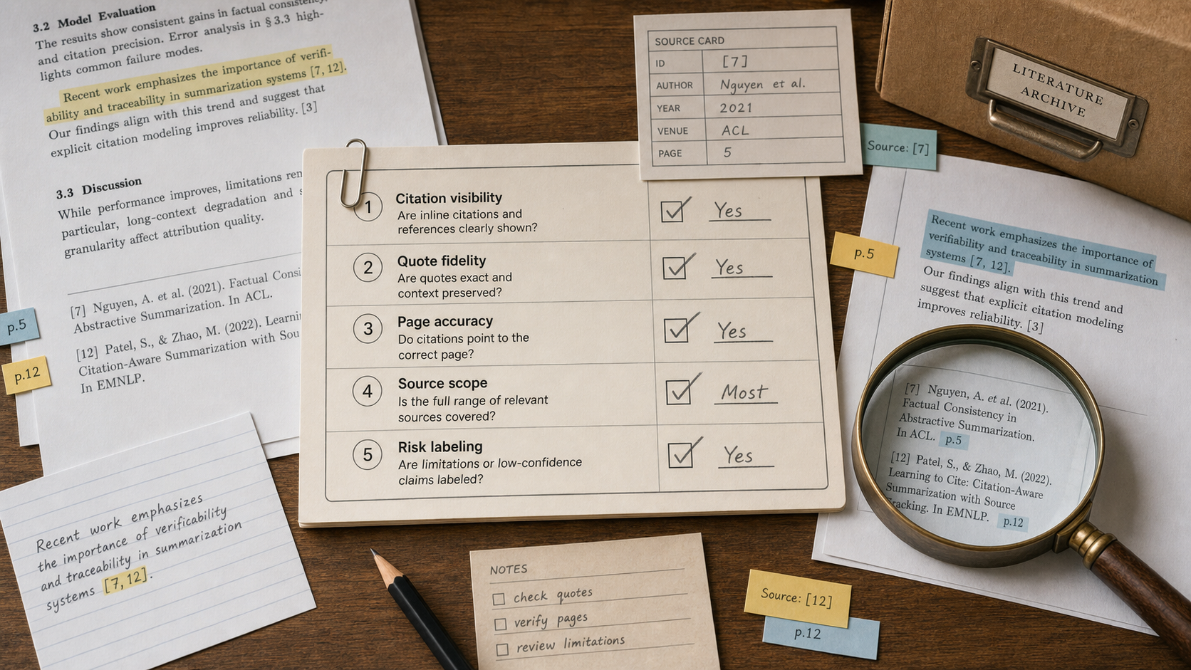 Citation trust checklist with rows for citation visibility, quote fidelity, page accuracy, source scope, and risk labeling