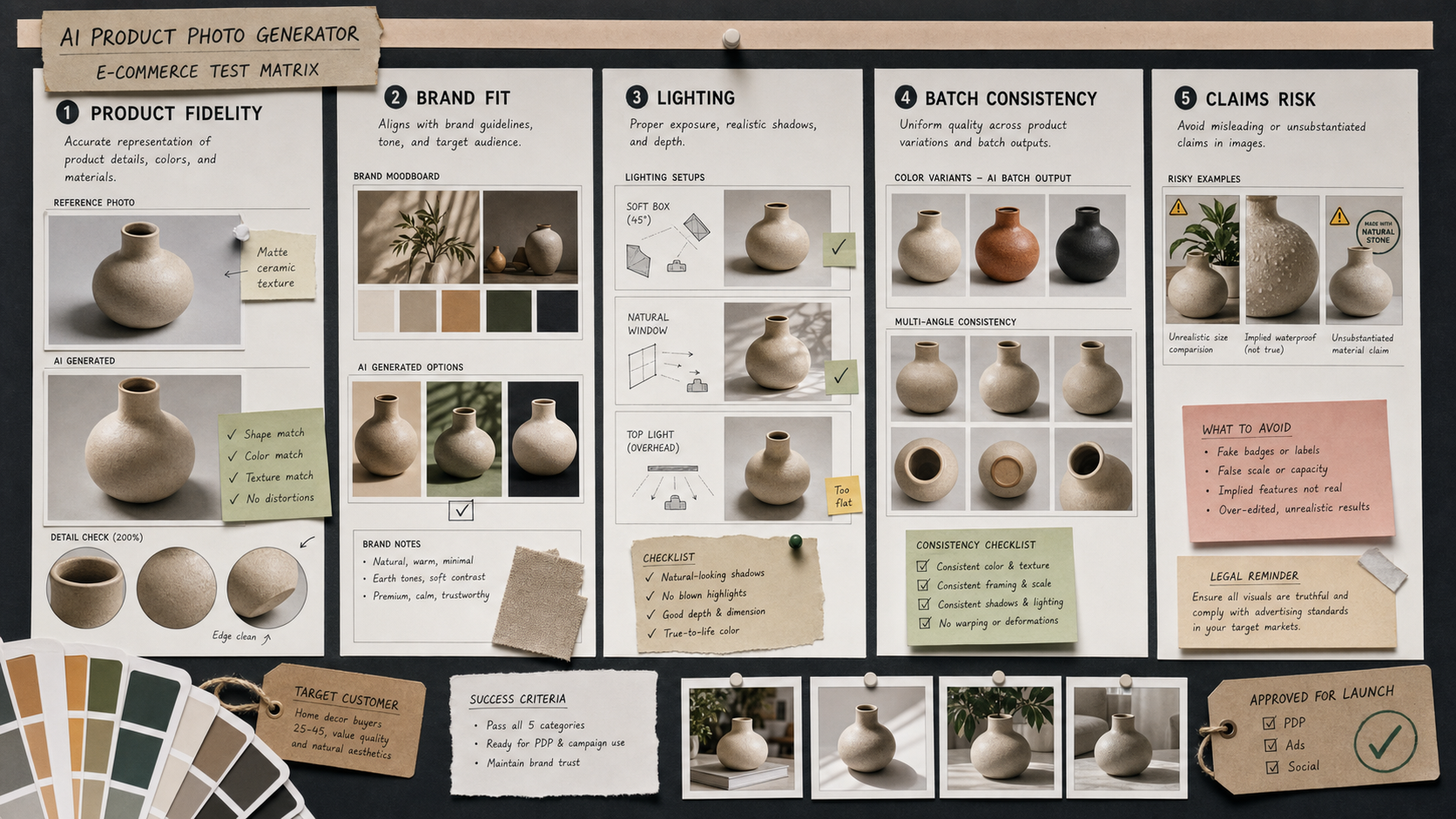 Ecommerce testing matrix for product fidelity, brand fit, lighting, batch consistency, and claims risk