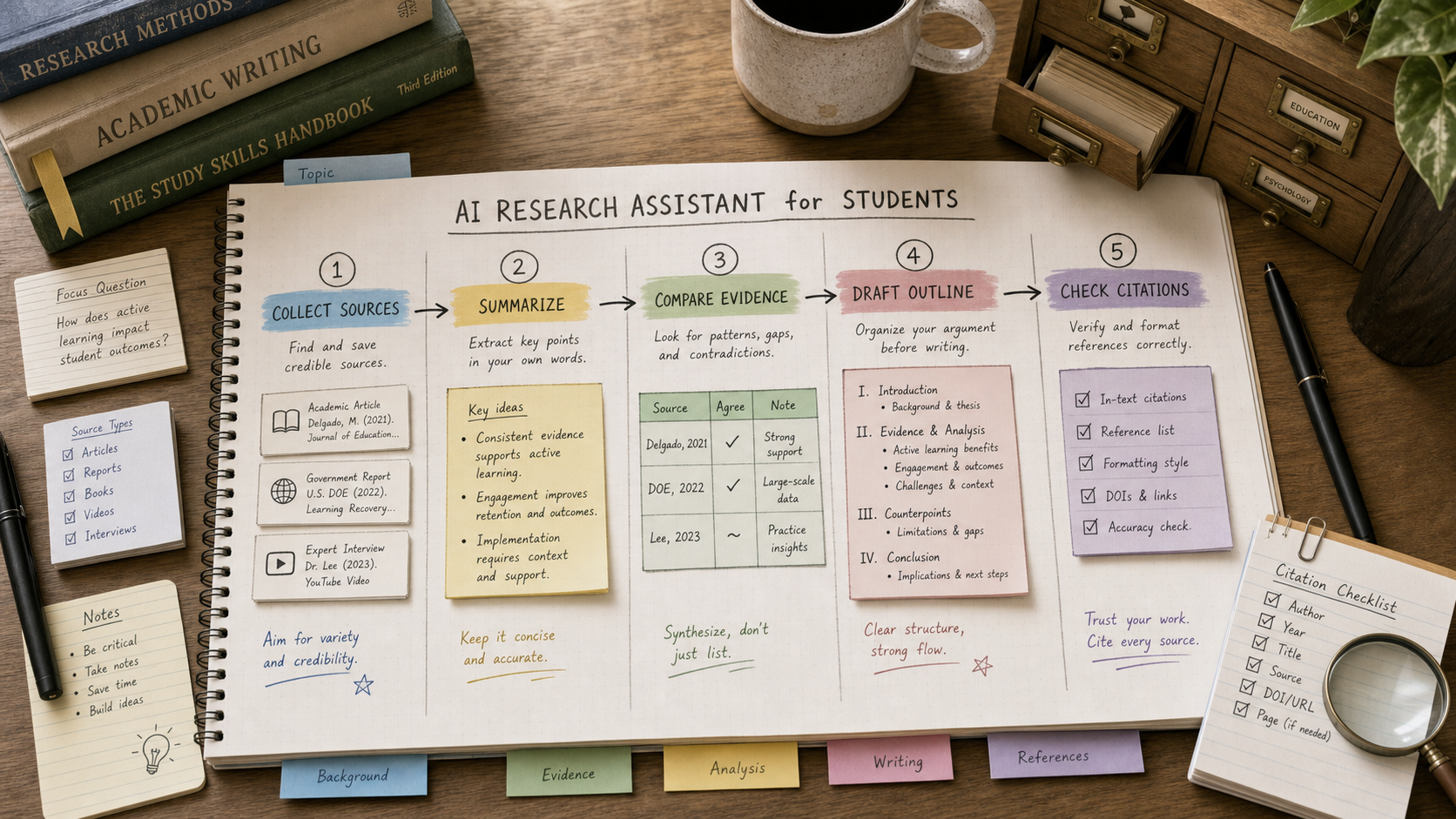 Student research workflow journal showing collect sources, summarize, compare evidence, draft outline, and check citations