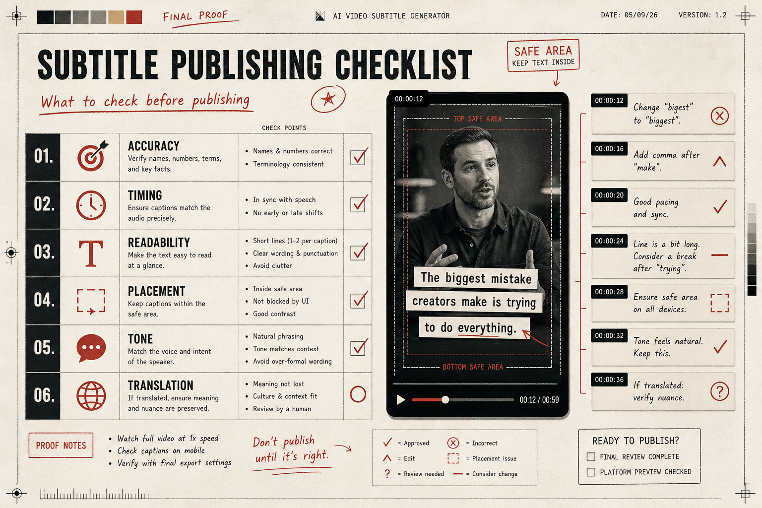Proofreader checklist sheet for subtitle accuracy, timing, readability, placement, tone, and translation
