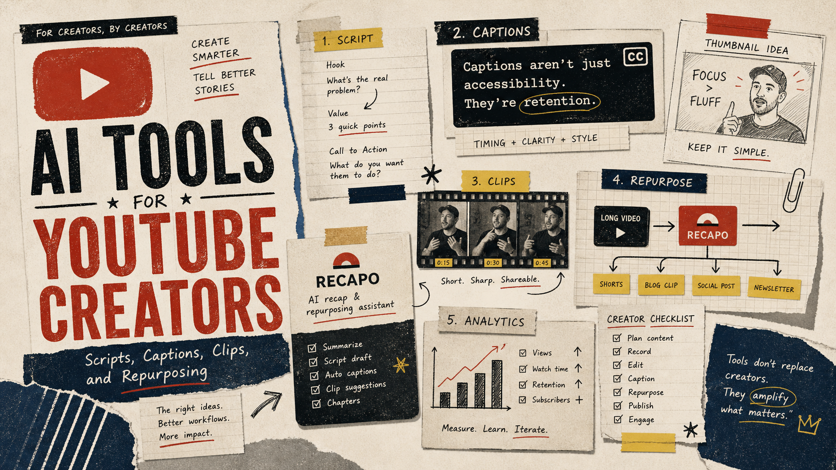 AI Tools for YouTube Creators: Scripts, Captions, Clips, and Repurposing blog cover illustration