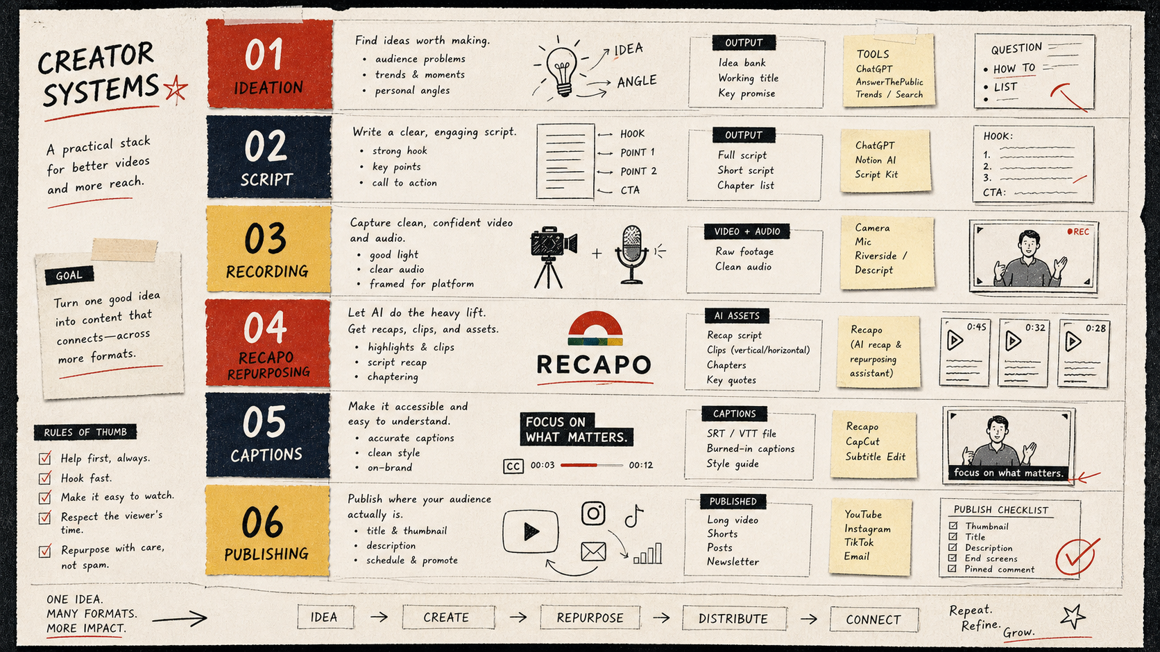 Zine-style creator stack page with layers for ideation, script, recording, Recapo repurposing, captions, and publishing