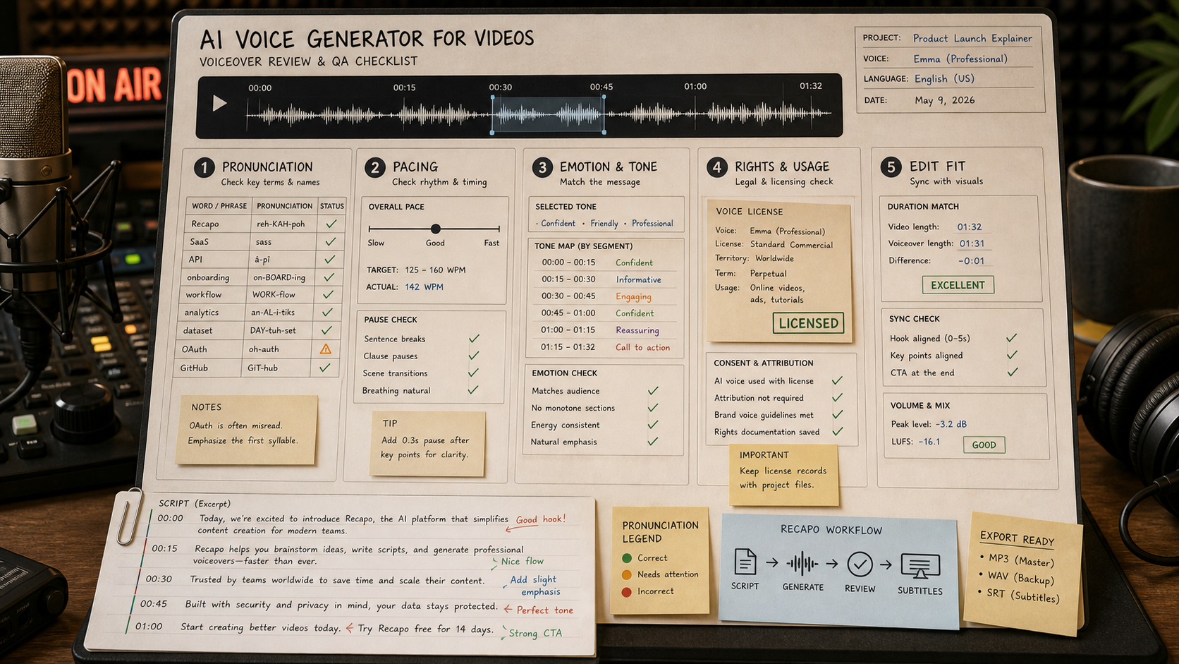 Voiceover review sheet with pronunciation, pacing, emotion, rights, edit fit, waveform, script notes, and Recapo workflow tag
