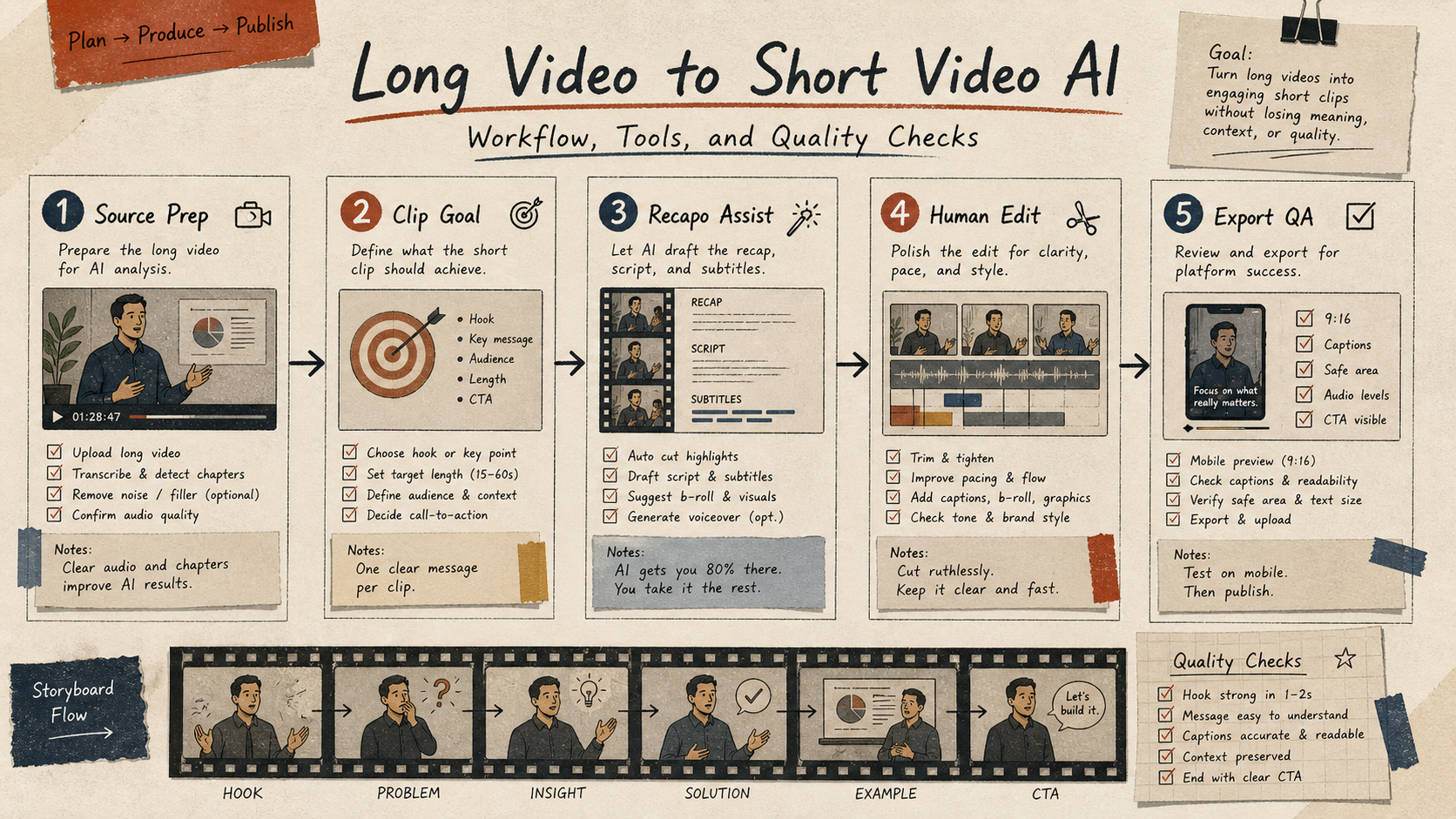 Storyboard-style workflow board for source prep, clip goal, Recapo assist, human edit, and export QA