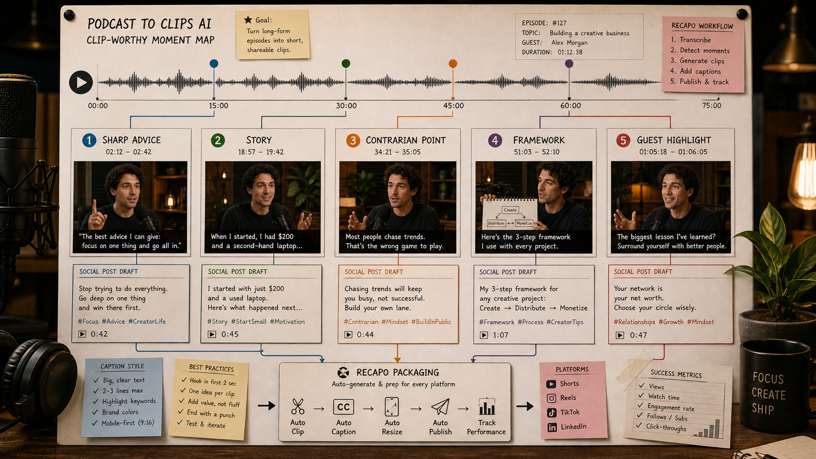 Podcast clip-worthy moment map with sharp advice, story, contrarian point, framework, guest highlight, and Recapo packaging node