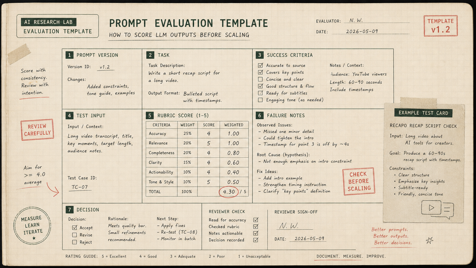 Structured evaluation form for prompt version, task, criteria, test input, rubric score, failure notes, and decision