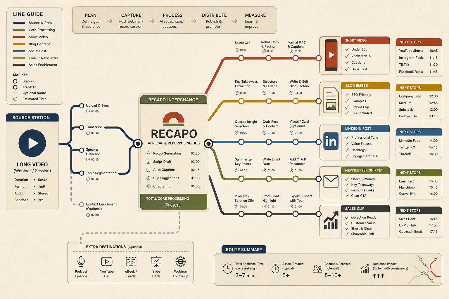 Detailed content route map showing a long video source flowing through Recapo into multiple output channels