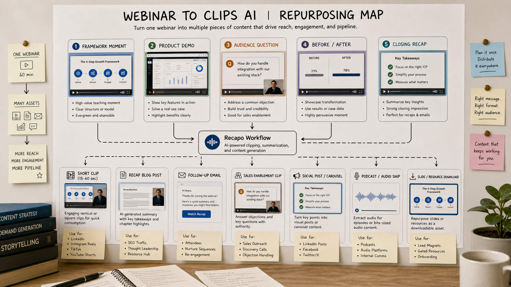 Webinar repurposing map with framework, product demo, audience question, before and after, closing recap, and Recapo workflow node