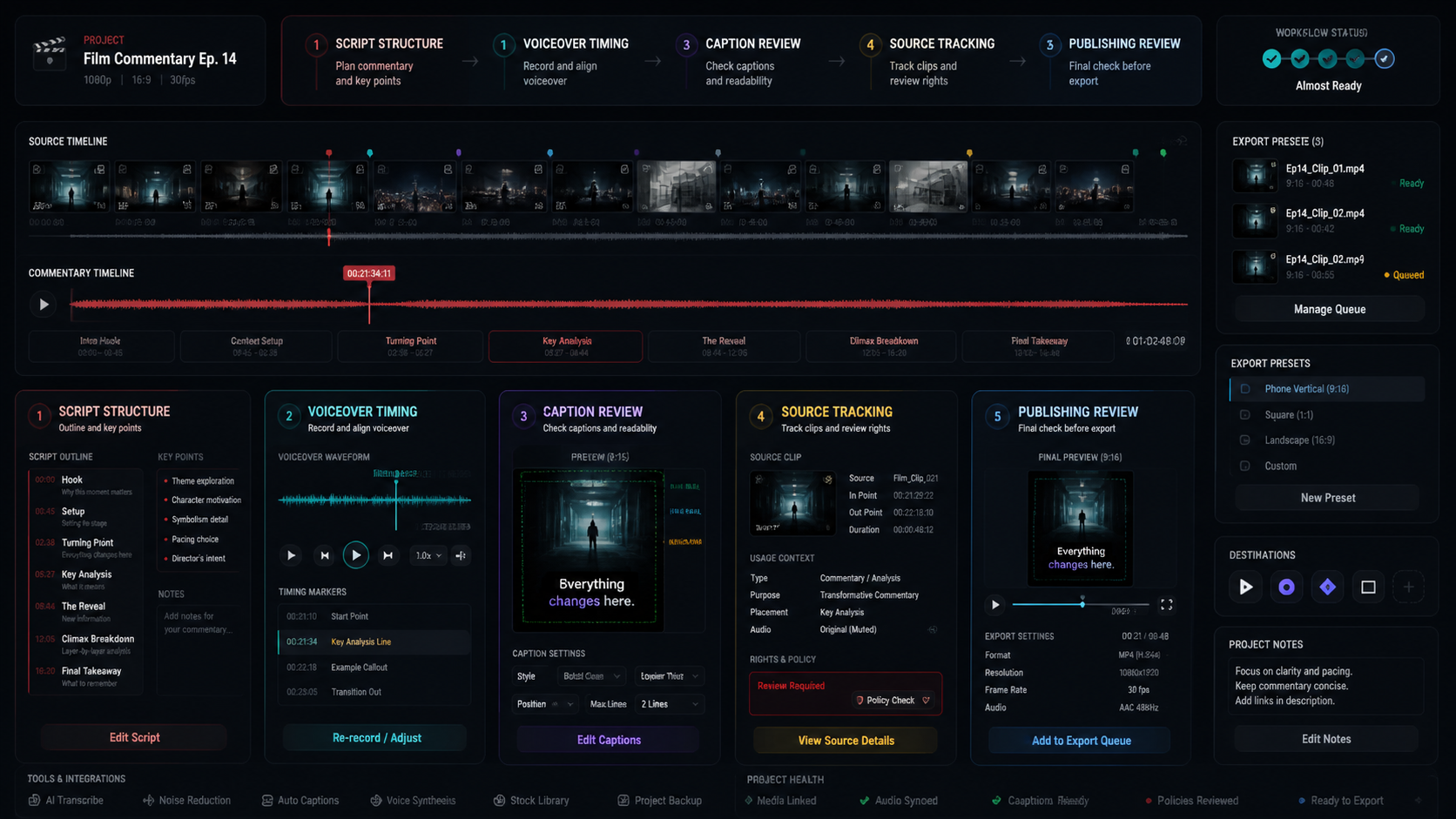 Movie commentary workflow system with script extraction, voiceover track, caption review, source context, and publishing checks