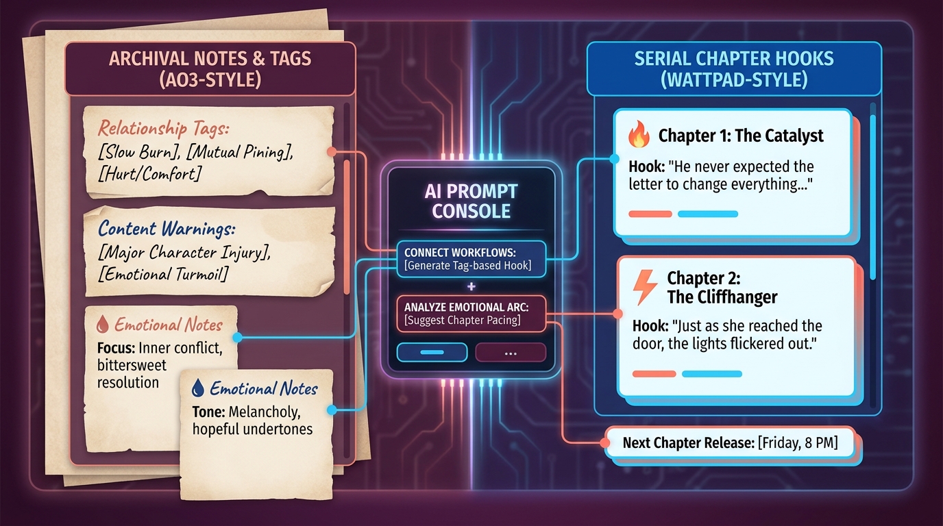 AI Fanfic Generator for AO3 and Wattpad: Tools, Prompts, and Editing Workflow blog cover illustration