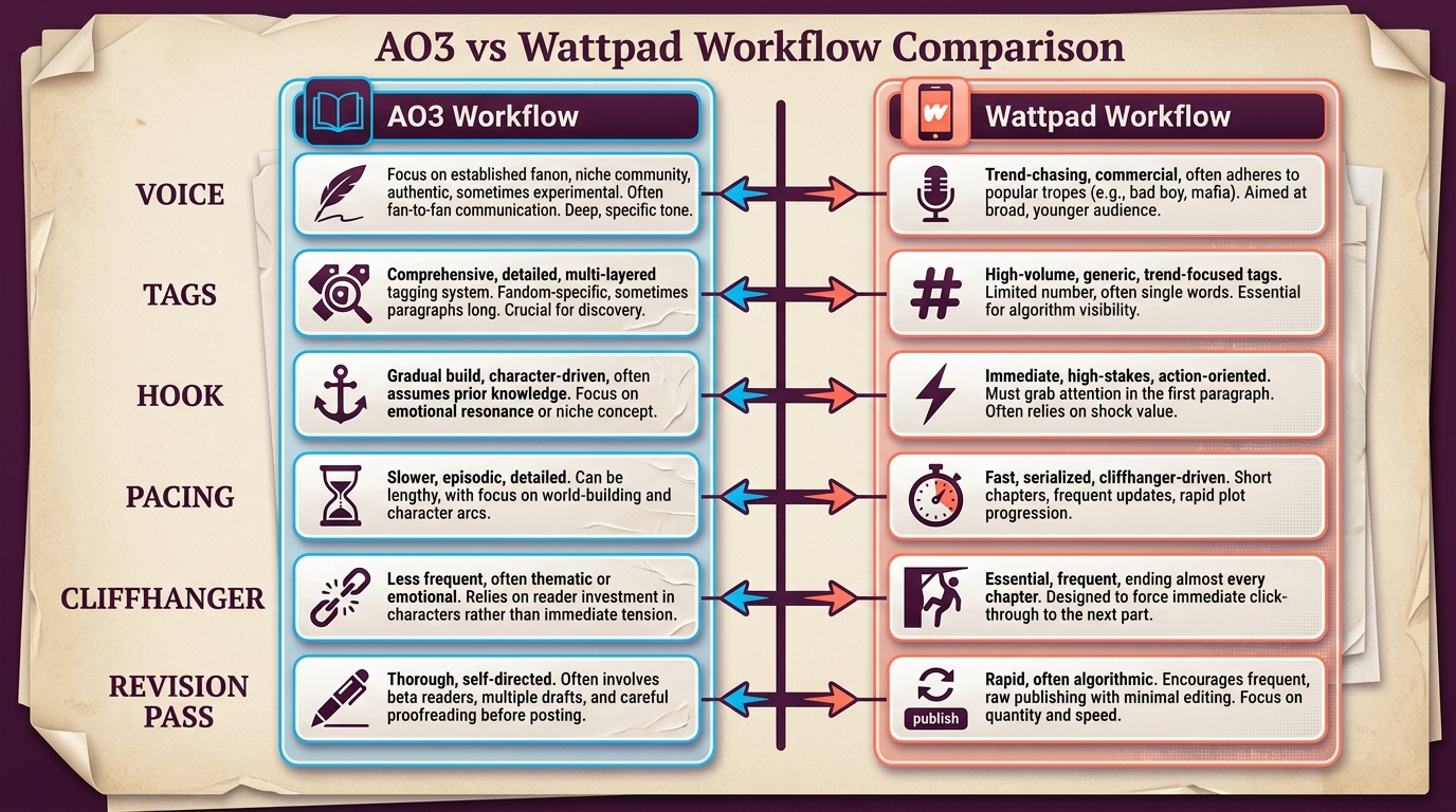 AO3 and Wattpad fanfic workflow comparison for AI-assisted writing.