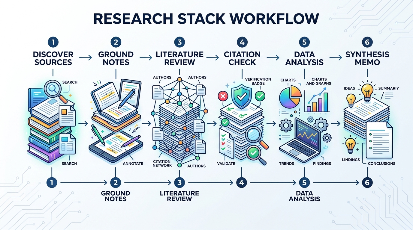 Research stack workflow showing source discovery, grounded notes, literature review, citation check, data analysis, and synthesis memo.